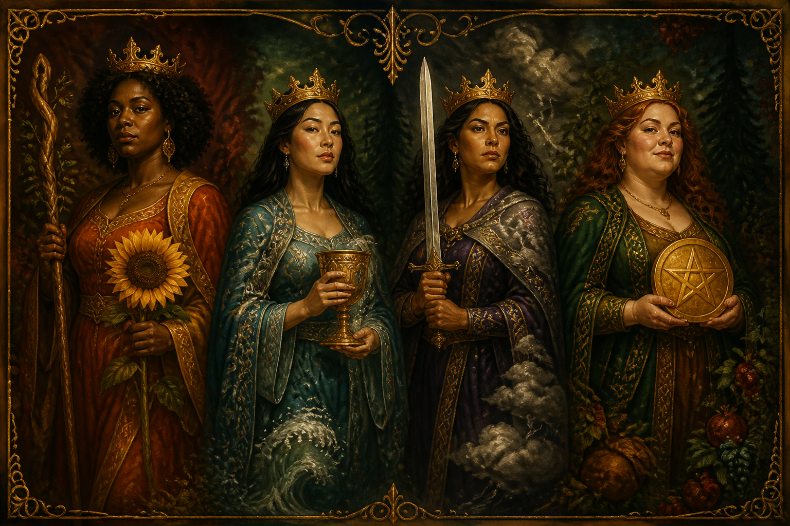 The four Tarot Queens — Wands, Cups, Swords, and Pentacles — standing together as business archetypes
